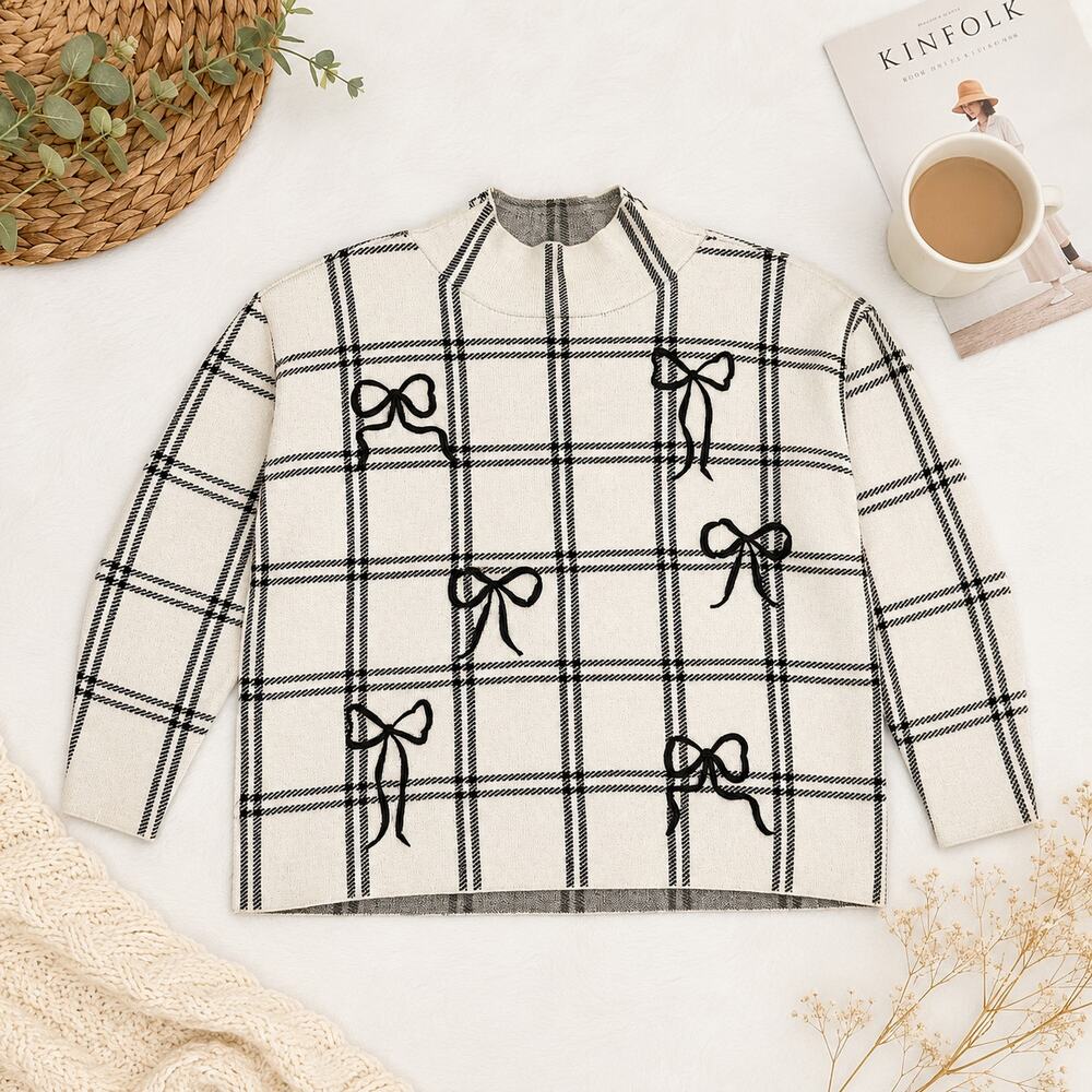 Anthropologie Maeve The Carys Plaid Mock Neck Sweater Bow Detail Size Large